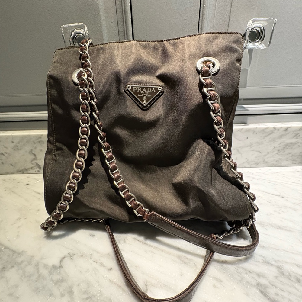 Authentic Prada Chocolate Brown Nylon Chain Shoulder Bag